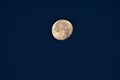 Waning gibbous in the sky, the view from the ground on the illuminated disc of the moon with numerous craters on the surface.